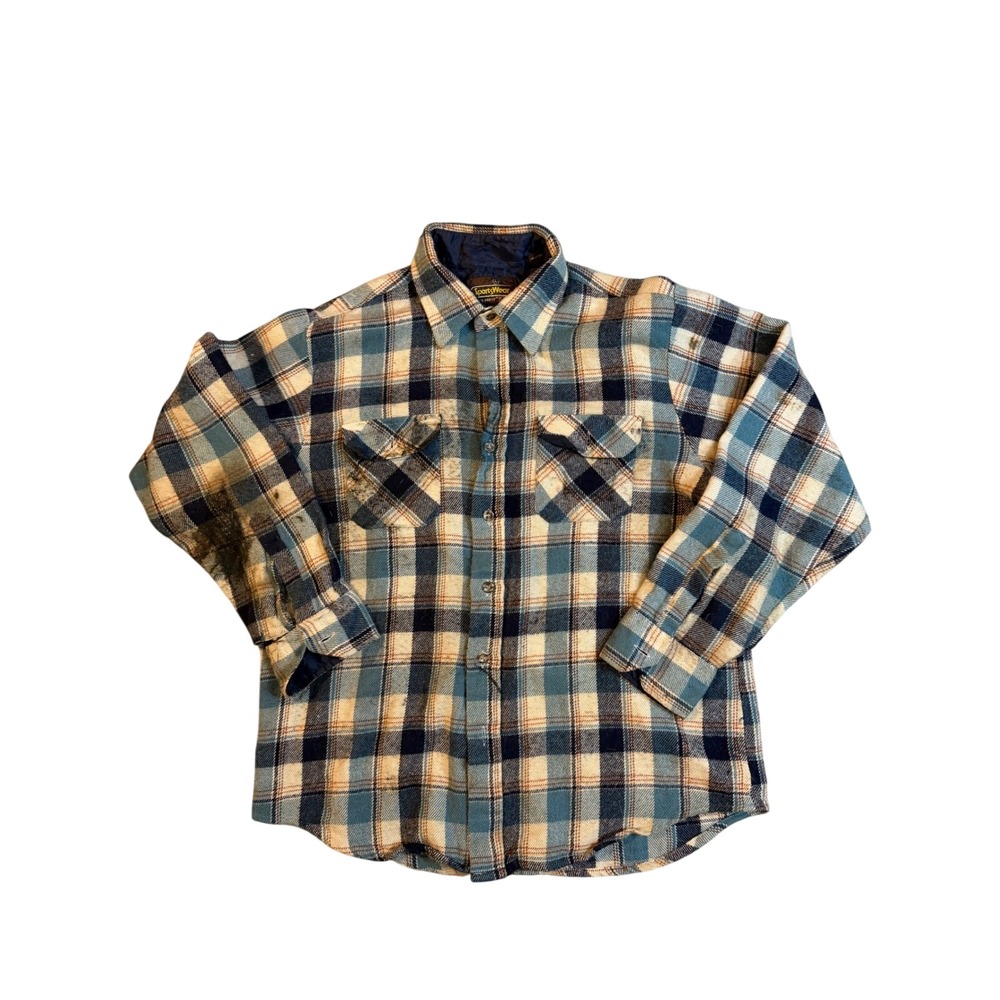 Vintage 70s Sears SportsWear Perma-Prest Plaid Flannel Mens Large Blue‎ Thrashed